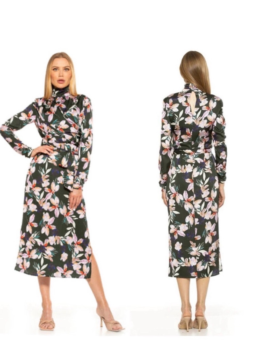 Alexia Admor Black Floral Mock-Neck Midi Dress